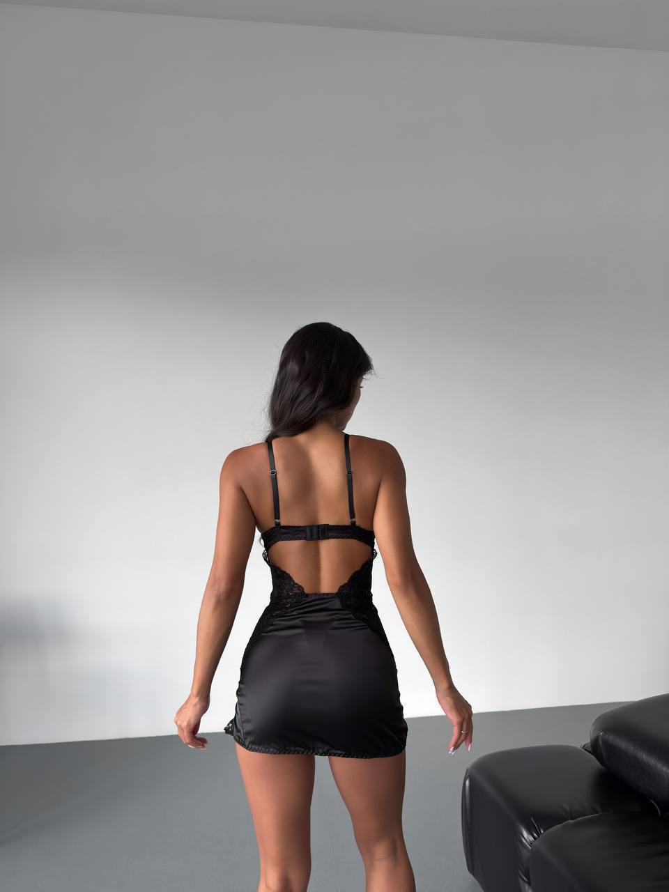 Premium Lily Saten Gecelik Siyah